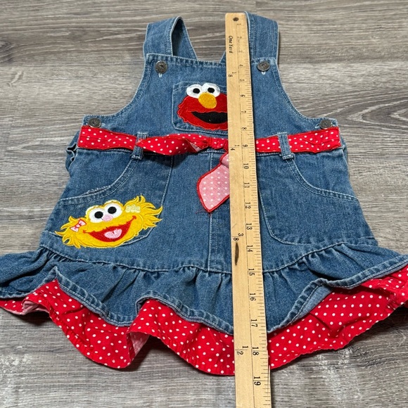 Vintage Baby Toddler Sesame Street Elmo & Zoe Denim Bib Jean Dress 2T ruffle - Picture 6 of 7